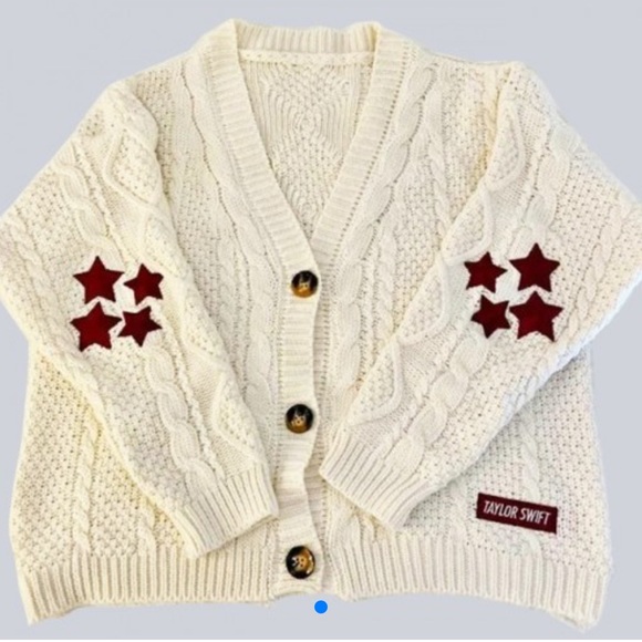 Taylor Swift Cream Cardigan with Red Star Patches - Picture 3 of 4